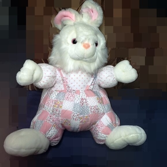 Plush Rabbit - Giant 24-inch White Fluffy Snuggly Pastel Country Patchwork VTG - Picture 1 of 6